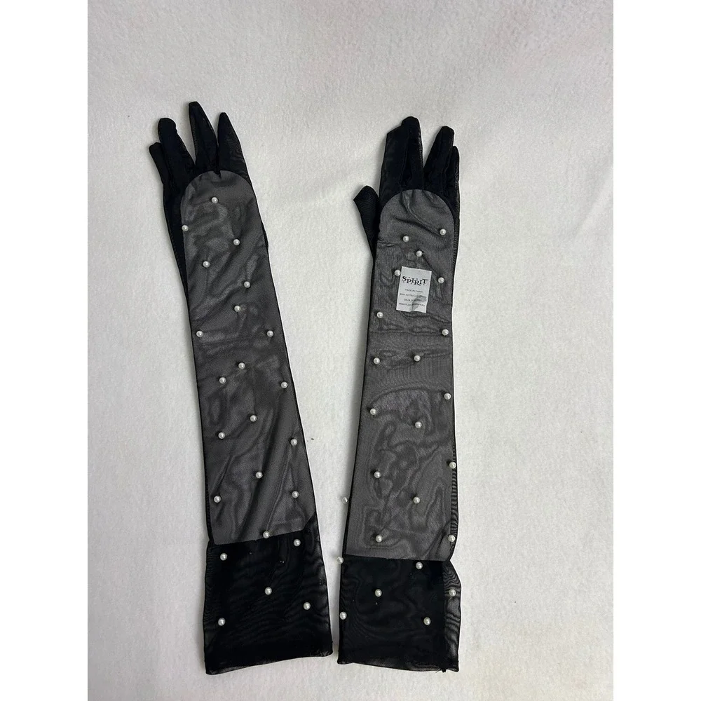 Regencycore Spirit Womens OS Black Sheer Mesh Pearl Embellished Opera Gloves